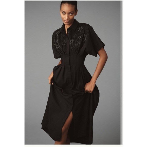 Anthropologie Dresses & Skirts - Exquise Tobi Shirt Dress 2X Black Beaded Pleated Button Front Midi Elegant